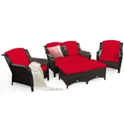 Tangkula 5 PCS Patio Rattan Sectional Sofa Set Outdoor Furniture Conversation Set Cushioned Loveseat Sofa Ottoman -Tangkula Shop GUEST 42588680 515a 4477 81b6 d3ed2ee265eb