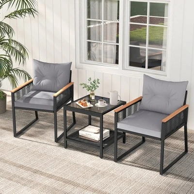 Tangkula 3 PCS Patio Furniture Set PE Rattan Wicker Chairs W/ 2 Tier Coffee Table Soft Back 1 Tangkula 3 PCS Patio Furniture Set PE Rattan Wicker Chairs W/ 2 Tier Coffee Table Soft Back