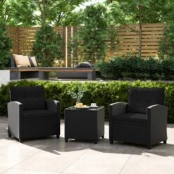 Tangkula 3 Piece Patio Furniture Set, Rattan Conversation Set W/Soft Seat & Back Cushions, Tempered Glass Topped Coffee Table Black
