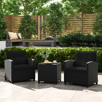 Tangkula 3 Piece Patio Furniture Set, Rattan Conversation Set W/Soft Seat & Back Cushions, Tempered Glass Topped Coffee Table Black 1 Tangkula 3 Piece Patio Furniture Set, Rattan Conversation Set W/Soft Seat & Back Cushions, Tempered Glass Topped Coffee Table Black