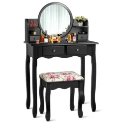 Tangkula Vanity Table Set W/Detachable Mirror & Stool Black/White