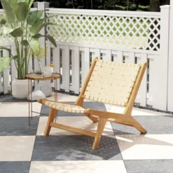 Tangkula Teak Wood Patio Accent Chair with Breathable Webbing Seat