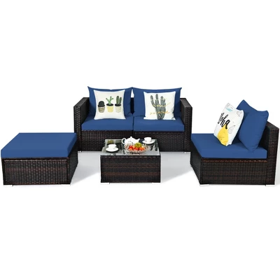 Tangkula 5PCS Cushioned Rattan Patio Conversation Set W/ Ottoman Navy Cushion 6 Tangkula 5PCS Cushioned Rattan Patio Conversation Set W/ Ottoman Navy Cushion - Image 6