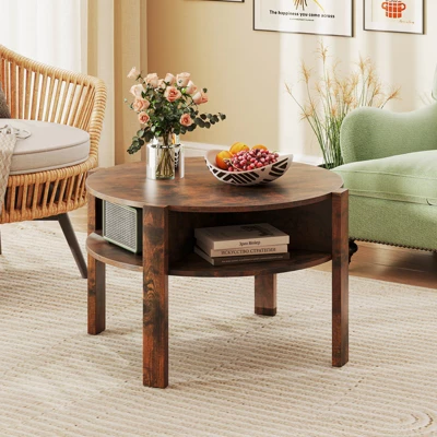 Tangkula 29.5" 2-Tier Round Coffee Table W/ Storage 4 Shelves Faux Wooden Top 1 Tangkula 29.5" 2-Tier Round Coffee Table W/ Storage 4 Shelves Faux Wooden Top