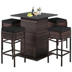 Tangkula 5PCS Patio Rattan Bar Table Stool Set Hidden Storage Shelf Cushion Red Patio Black -Tangkula Shop GUEST 435452f6 759f 4920 97f6 339de453fed6