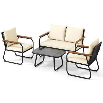 Tangkula 4-Piece Wicker Patio Furniture Set: Outdoor Conversation Set with Acacia Wood Armrests and Glass Table 5 Tangkula 4-Piece Wicker Patio Furniture Set: Outdoor Conversation Set with Acacia Wood Armrests and Glass Table - Image 5