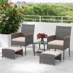 Tangkula 5 Pieces Wicker Patio Furniture Set PE Rattan Porch Chairs W/ Ottomans