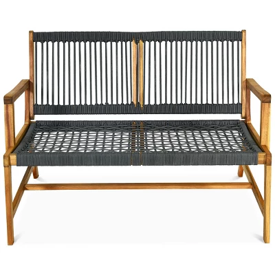 Tangkula 2-Person Outdoor Acacia Wood Bench Patio Loveseat Rope Bench Grey 4 Tangkula 2-Person Outdoor Acacia Wood Bench Patio Loveseat Rope Bench Grey - Image 4