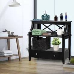 Tangkula 3-Tier End Table Storage Shelf Chair Multipurpose Side Table W/ Drawer