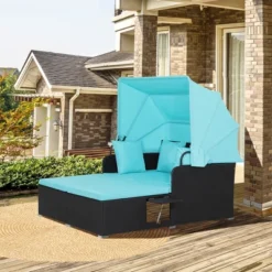 Tangkula Patio Hand-Woven PE Wicker Daybed Outdoor Loveseat Sofa Set W/ Turquoise Cushions