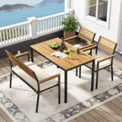 Tangkula 4-Piece Outdoor Patio Dining Set with Acacia Wood Table & Bench