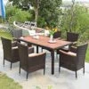 Tangkula 7-Piece Outdoor Rattan Dining Set - Acacia Wood Table & 6 Stackable Chairs