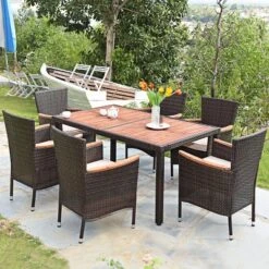 Tangkula 7-Piece Outdoor Rattan Dining Set - Acacia Wood Table & 6 Stackable Chairs