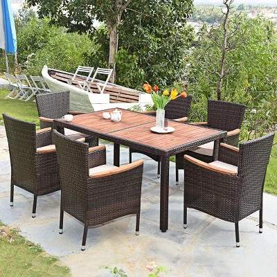 Tangkula 7-Piece Outdoor Rattan Dining Set - Acacia Wood Table & 6 Stackable Chairs 1 Tangkula 7-Piece Outdoor Rattan Dining Set - Acacia Wood Table & 6 Stackable Chairs