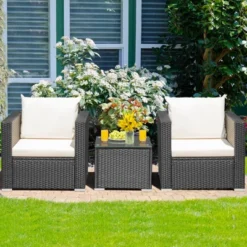 Tangkula 3PCS Rattan Patio Conversation Furniture Set Outdoor Sofa Set W/ Cushions