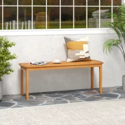 Tangkula 47" Acacia Wood Outdoor Bench, Backless Slatted Dining Seat