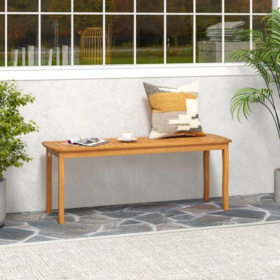 Tangkula 47" Acacia Wood Outdoor Bench, Backless Slatted Dining Seat 1 Tangkula 47" Acacia Wood Outdoor Bench, Backless Slatted Dining Seat