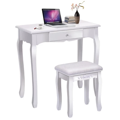 Tangkula White Vanity Mirror Wood Makeup Dressing Table Stool Set White (Mirror, 3 Drawers, Stool) 1 Tangkula White Vanity Mirror Wood Makeup Dressing Table Stool Set White (Mirror, 3 Drawers, Stool)