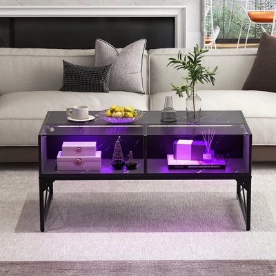 Tangkula High-gloss LED Coffee Table W/ Faux Marble & Tempered Glass Top 4 Storage Cubes 3 Tangkula High-gloss LED Coffee Table W/ Faux Marble & Tempered Glass Top 4 Storage Cubes - Image 3
