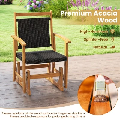 Tangkula Patio Rattan Glider Chair W/ Acacia Wood Frame & Wicker Seat Back Armrests 4 Tangkula Patio Rattan Glider Chair W/ Acacia Wood Frame & Wicker Seat Back Armrests - Image 4