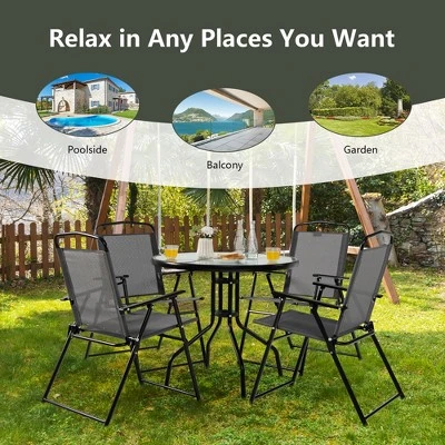 Tangkula 6PCS Patio Garden Dining Set W/ Round Table & 4 Folding Chairs & Umbrella 5 Tangkula 6PCS Patio Garden Dining Set W/ Round Table & 4 Folding Chairs & Umbrella - Image 5