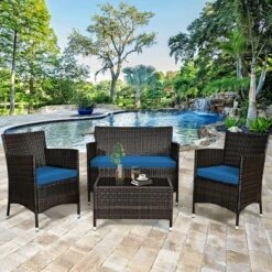 Tangkula 8PCS Patio Rattan Conversation Furniture Set Outdoor W/ Peacock Blue Cushion -Tangkula Shop GUEST 46821a90 bb8a 4fe2 8b5e f145ade9491d