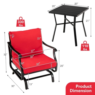 Tangkula 3-Piece Patio Rocking Bistro Set - Outdoor Conversation Set with Red Cushions 3 Tangkula 3-Piece Patio Rocking Bistro Set - Outdoor Conversation Set with Red Cushions - Image 3