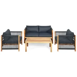 Tangkula 8-Piece Acacia Wood Outdoor Furniture Set with Cushioned Sofa and Nylon Rope Armrest