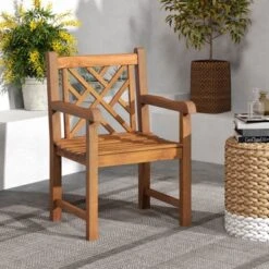 Tangkula Teak Wood Outdoor Patio Dining Chair with Ergonomic Slatted Seat