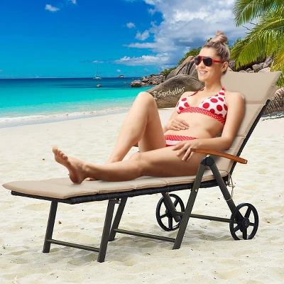 Tangkula Outdoor Rattan Wicker Lounge Chair - Folding Patio Chaise with Wheels 2 Tangkula Outdoor Rattan Wicker Lounge Chair - Folding Patio Chaise with Wheels - Image 2