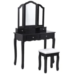 Tangkula Removable Tri-folding Mirror Vanity Table Unit Makeup Set W/ Stool & 4 Drawers -Tangkula Shop GUEST 471c79b7 81ec 4e68 96a3 0a1bf8092cc1