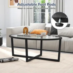 Tangkula Modern Glass Coffee Table W/ Cross Base & Acacia Wood Legs For Small Spaces -Tangkula Shop GUEST 473d2be7 10d3 434e 9836 1e47abf354cc