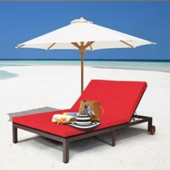 Tangkula Adjustable Patio Rattan 2 Person Recliner Lounge Chair W/ Red Cushion Wheel