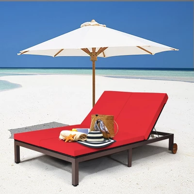 Tangkula Adjustable Patio Rattan 2 Person Recliner Lounge Chair W/ Red Cushion Wheel 1 Tangkula Adjustable Patio Rattan 2 Person Recliner Lounge Chair W/ Red Cushion Wheel