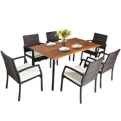 Tangkula 7-Piece Outdoor Patio Dining Set - Acacia Wood Table & Wicker Armchairs 9 Tangkula 7-Piece Outdoor Patio Dining Set - Acacia Wood Table & Wicker Armchairs - Image 9