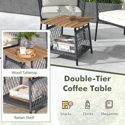 Tangkula Set Of 3 Furniture Set W/ 2-Tier Coffee Table Acacia Wood Armrests Tabletop Patio 3 Tangkula Set Of 3 Furniture Set W/ 2-Tier Coffee Table Acacia Wood Armrests Tabletop Patio - Image 3