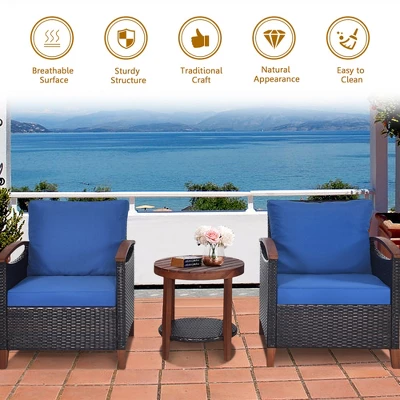 Tangkula 3-Piece Patio Wicker Rattan Conversation Set with Acacia Wood & Cushions 6 Tangkula 3-Piece Patio Wicker Rattan Conversation Set with Acacia Wood & Cushions - Image 6