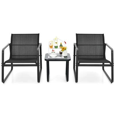 Tangkula Set Of 3 Outdoor Bistro Furniture Set Patio Table & Chairs Set For Backyard Poolside Lawn Black 4 Tangkula Set Of 3 Outdoor Bistro Furniture Set Patio Table & Chairs Set For Backyard Poolside Lawn Black - Image 4