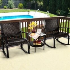 Tangkula 3-Piece Outdoor Wicker Rocking Bistro Set with Coffee Table