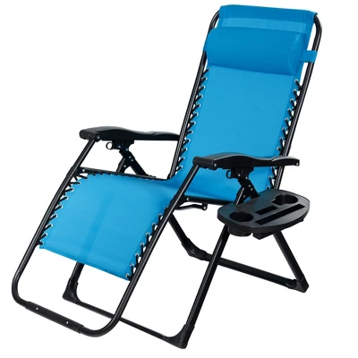 Tangkula Oversized Zero Gravity Lounge Chair Folding Recliner W/ Cup Holder & Pillow Blue 3 Tangkula Oversized Zero Gravity Lounge Chair Folding Recliner W/ Cup Holder & Pillow Blue - Image 3