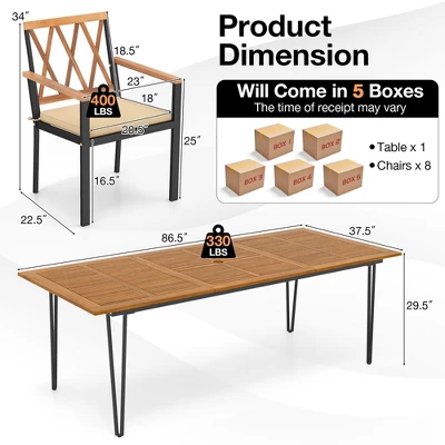 Tangkula 9-Piece Outdoor Dining Set: Acacia Wood Table with 8 Cushioned Chairs 6 Tangkula 9-Piece Outdoor Dining Set: Acacia Wood Table with 8 Cushioned Chairs - Image 6