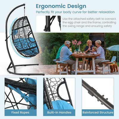 Tangkula Hanging Hammock Chair Egg Swing Chair W/ Blue Cushion Pillow Stand 4 Tangkula Hanging Hammock Chair Egg Swing Chair W/ Blue Cushion Pillow Stand - Image 4