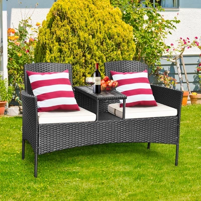 Tangkula Rattan Wicker Outdoor Conversation Loveseat with Built-in Table 2 Tangkula Rattan Wicker Outdoor Conversation Loveseat with Built-in Table - Image 2