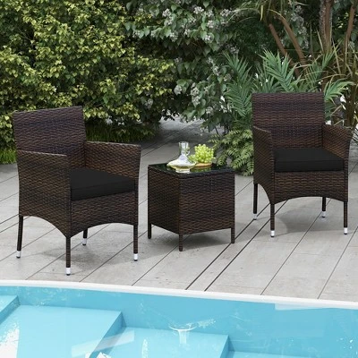Tangkula 3 PCS Outdoor Conversation Set W/ Cushioned Seat & Tempered Glass Tabletop 2 Tangkula 3 PCS Outdoor Conversation Set W/ Cushioned Seat & Tempered Glass Tabletop - Image 2