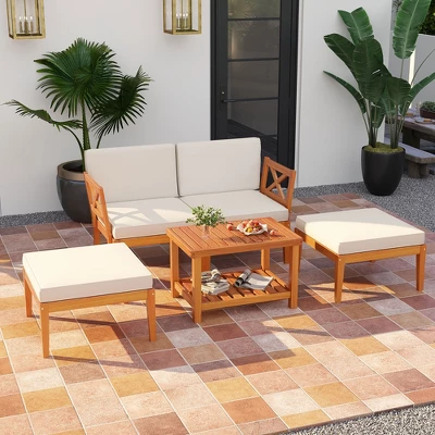 Tangkula 5 Pieces Patio Lounge Chair Set W/Ottomans Acacia Wood Patio Conversation Set W/Cushions Coffee Table Modular Outdoor Lounge Sofa Set 1 Tangkula 5 Pieces Patio Lounge Chair Set W/Ottomans Acacia Wood Patio Conversation Set W/Cushions Coffee Table Modular Outdoor Lounge Sofa Set