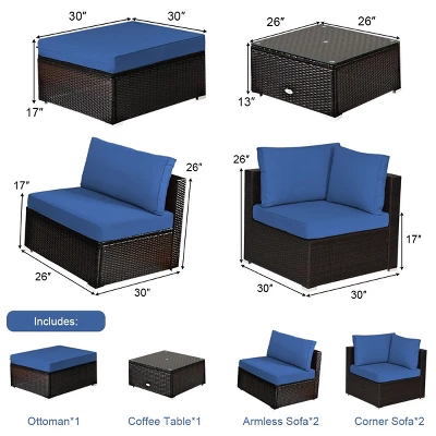 Tangkula 6PCS Patio Rattan Furniture Set Outdoor Sectional Sofa Set W/Coffee Table & Ottoman Black/Navy/Turquoise/Red/Brown 2 Tangkula 6PCS Patio Rattan Furniture Set Outdoor Sectional Sofa Set W/Coffee Table & Ottoman Black/Navy/Turquoise/Red/Brown - Image 2