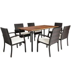 Tangkula 7-Piece Outdoor Dining Set with Acacia Wood Tabletop & 6 Cushioned Chairs