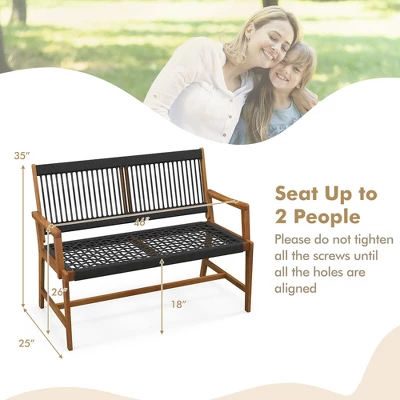 Tangkula Patio 2-Person Acacia Wood Bench with All-Weather Rope Weaving 2 Tangkula Patio 2-Person Acacia Wood Bench with All-Weather Rope Weaving - Image 2