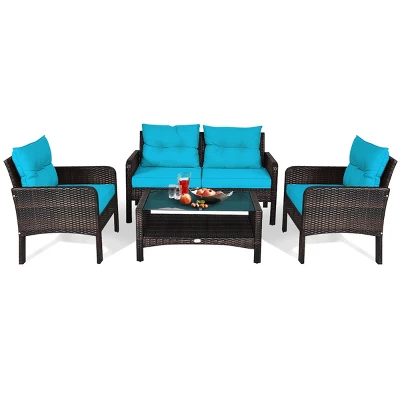 Tangkula 4 Piece Patio Conversation Set Rattan Wicker Loveseat Sofa Coffee Table & Glass Top Red/Turquoise Cushions 9 Tangkula 4 Piece Patio Conversation Set Rattan Wicker Loveseat Sofa Coffee Table & Glass Top Red/Turquoise Cushions - Image 9