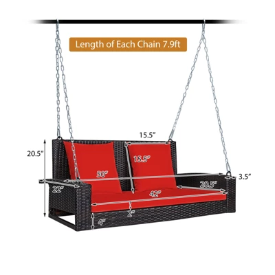 Tangkula Outdoor Wicker Porch Swing Bench 2-Person Patio Rattan Swing Chair W/ Soft Cushions White/Turquoise/Red/Black 7 Tangkula Outdoor Wicker Porch Swing Bench 2-Person Patio Rattan Swing Chair W/ Soft Cushions White/Turquoise/Red/Black - Image 7